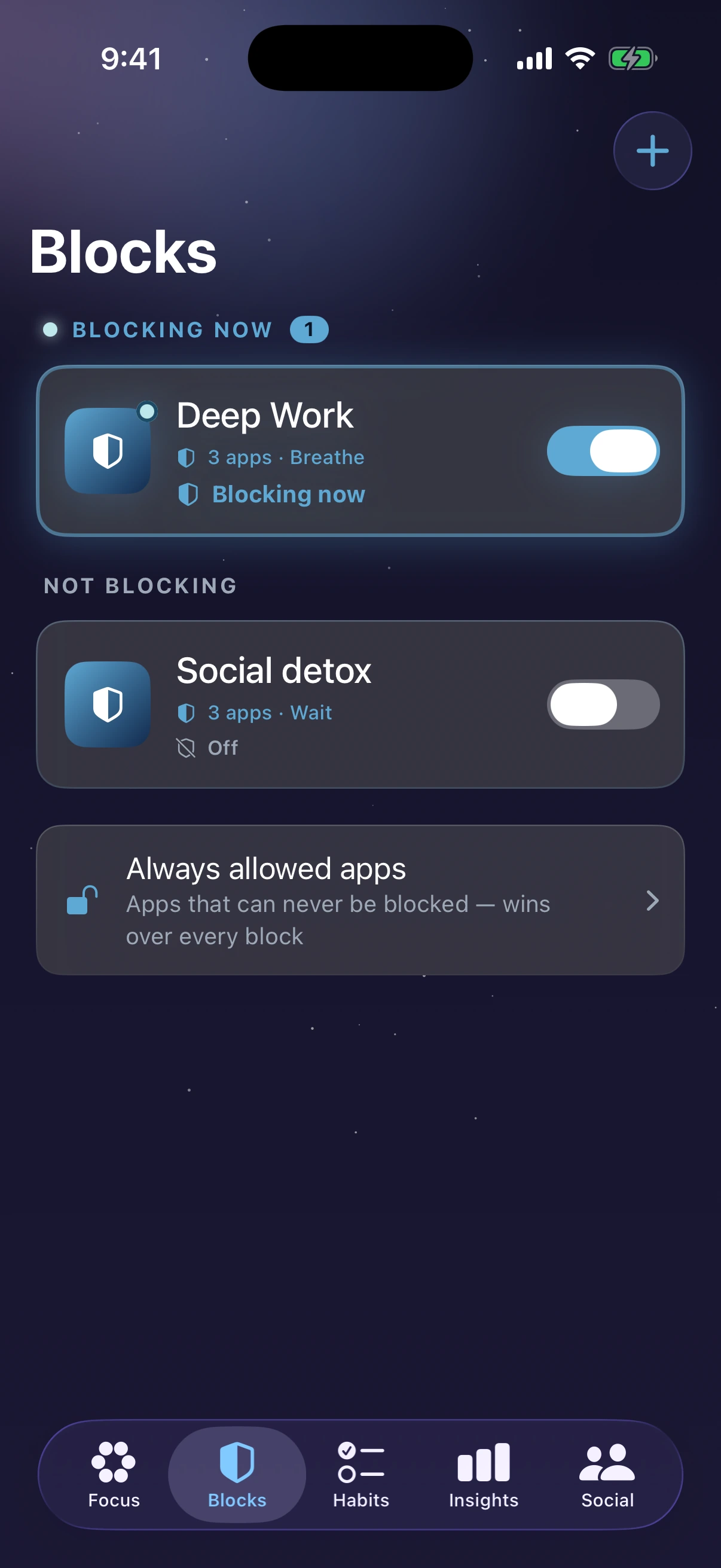 Kove's blocks screen, with a Deep Work block active and shown as blocking now.