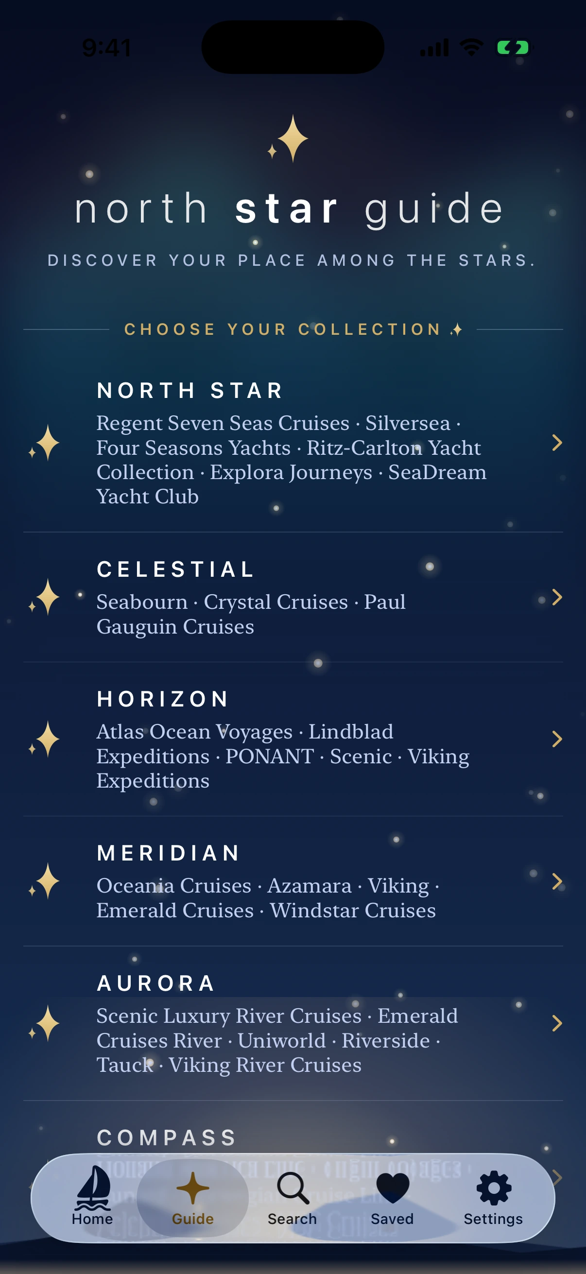 Sail Suitely's north star guide, a night-sky screen grouping cruise lines into tiers.